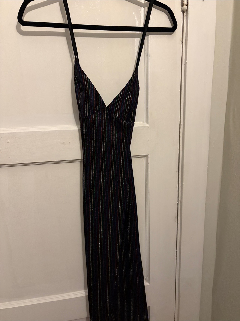 Black Striped Slip Dress with Metallic Rainbow Accents